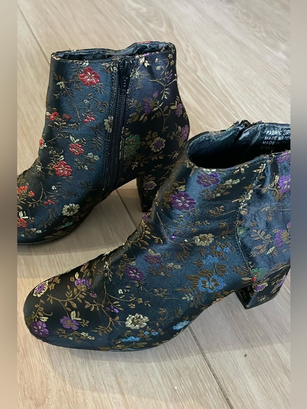 Diba Black Embroidered Multi Color Flowers Chunky Heel Boots